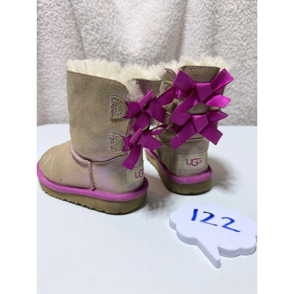 UGG Bailey Bow II Metallic Tan Magenta Pink Glitter Boots Toddler 8 1106430T